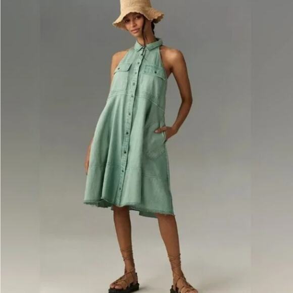 pilcro green dress Calder Linen Blend Front-Zip Mini Dress by Pilcro